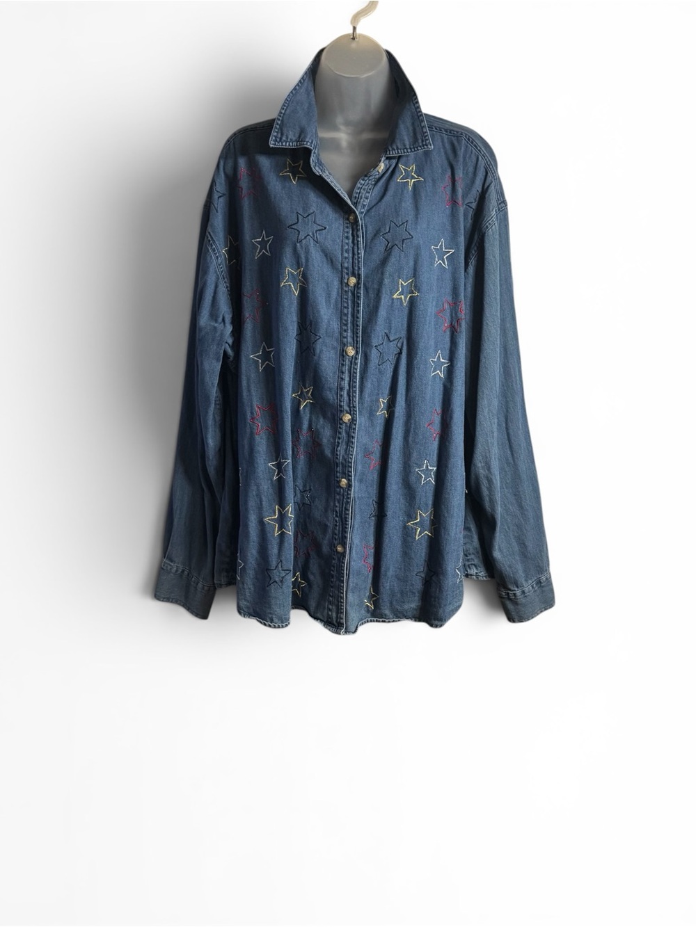 Star-Embroidered Denim Button-Down Denim Jean Shirt   PLUS    #2